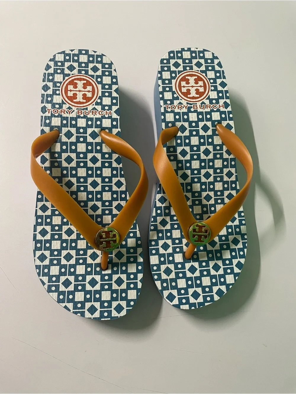 Tory Burch Blue Geometric Flip Flops with Tan Straps
